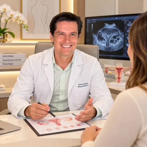 Dr. Manoel Hollanda em consulta, com imagem de ultrassom ao fundo